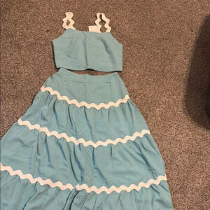 Blue and White Ruffle Trim Two-Piece Set